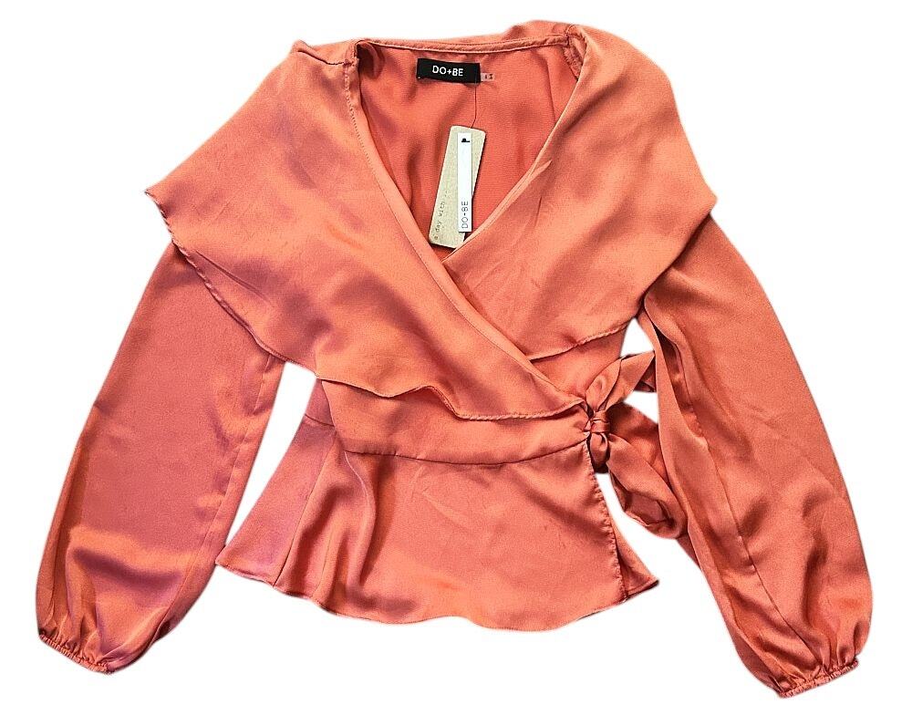 NWT Do+Be Metallic Peach V-Neck Satin Wrap Top Blouse Small